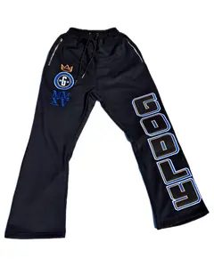 Crowned Legacy Flared Sweatpants - Black with Multicolor Embroidery, Premium Heavyweight Cotton Blend, Iconic Godly Patch, Metal Zip Pockets, Adjustable Drawstring Waistband