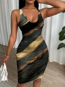 Rafferiza Tie Dye Pleated Slim Fit Sleeveless Bodycon Dress For New Year Clothes