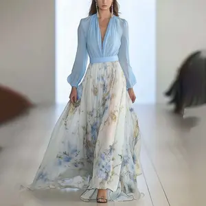 2026 European and American women's fashion digital print long-sleeve V-neck patchwork long dress