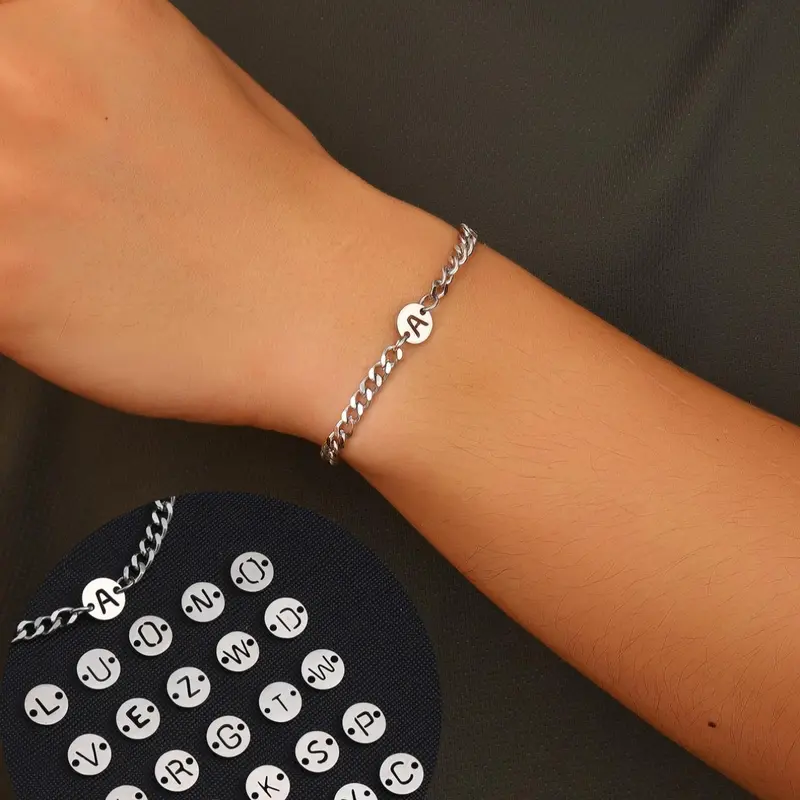 Summer Trendy Exquisite Round Letter Decor Charm Link Chain Bracelet, Stainless Steel Simple Jewelry for Party, Daily Clothing Decor, Stackable Bracelets, Elegant Minimalist Bangle, Stainless Steel Bangles