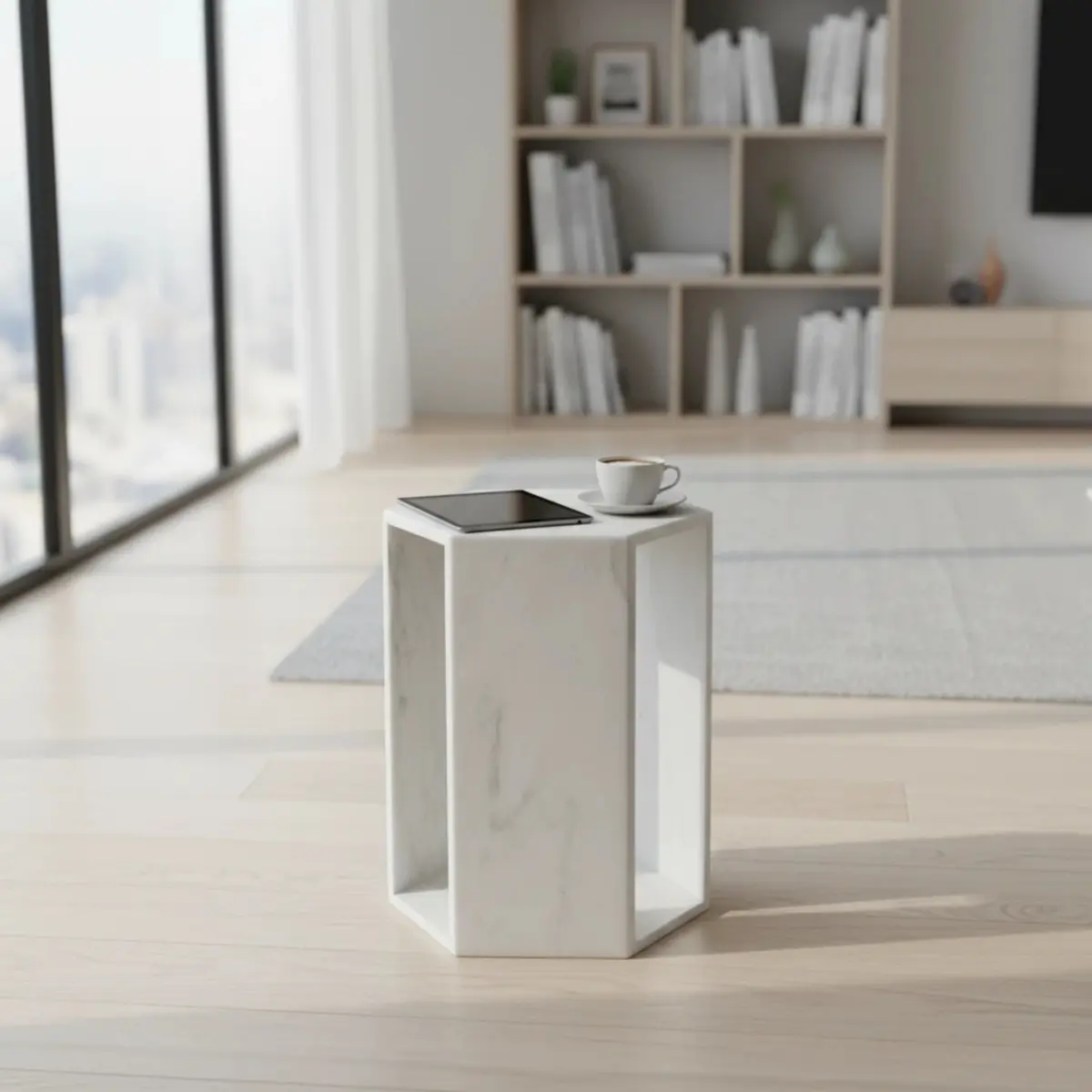 Natural White Marble Hexagon Accent Side Table - 16cm x 40cm High, Honed Matte Finish Stone Pedestal, Modern Minimalist Drink Table with Cloud & Grey Veins for Living Room, Bedroom, Accent Table