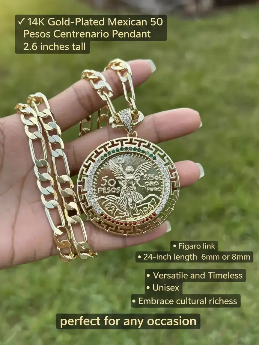 14K Gold Plated Mexican Flag 50 Pesos Centenario Pendant Figaro Link 24" 6mm Fashion Chain Unisex Jewelry