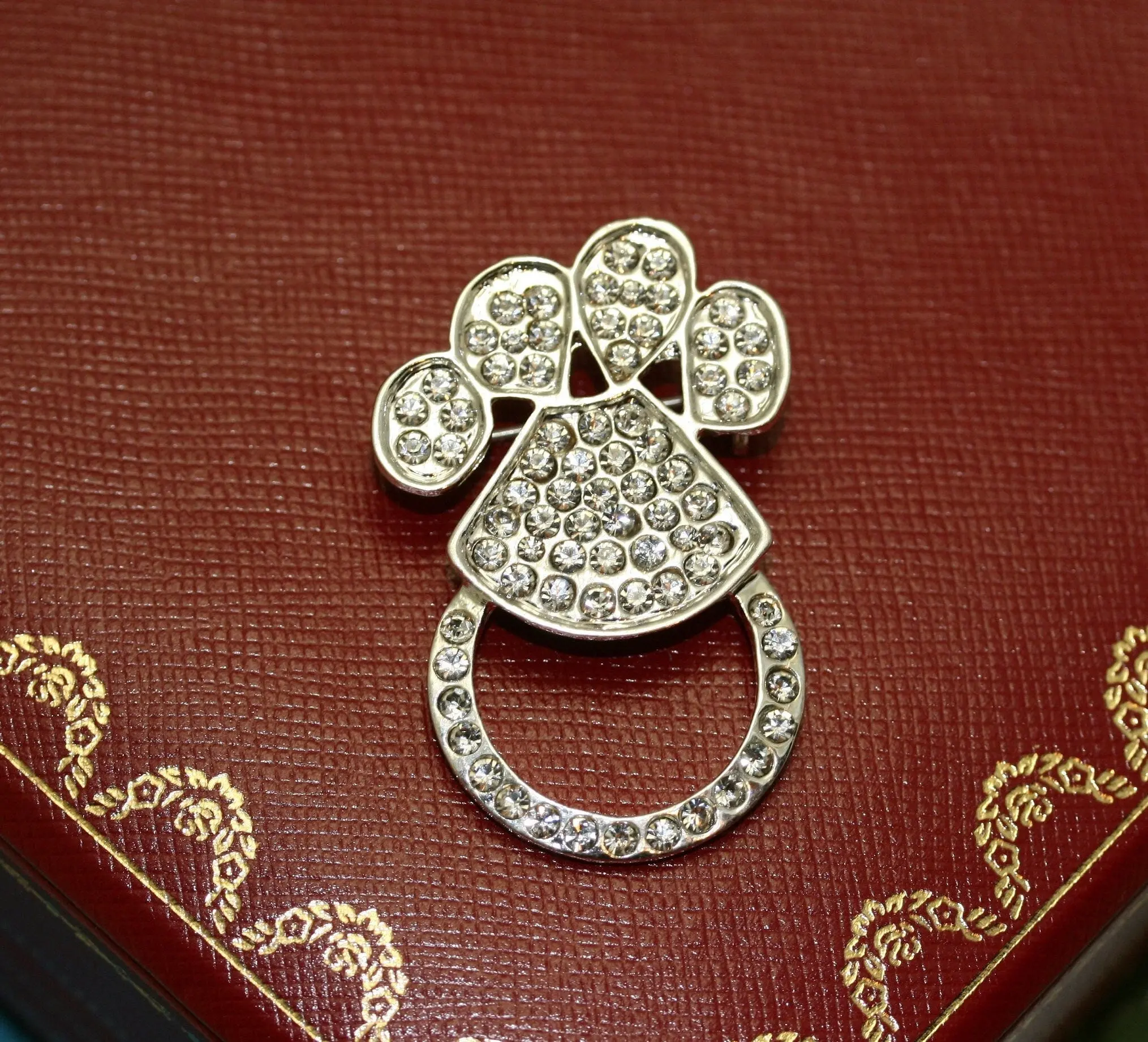 Eyeglass Holder Brooch, Silver-Tone Paw Print Pin with Rhinestone Accents, Unisex Nickel-Free Fashion Collar Accessory, 1.75" X 1" Inch, Rhinestone Decor, Fashion Clothing