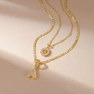 2 Pack Initial Letter Necklace 14k Gold Plated Bling Dainty Necklaces Trendy Chunky Custom Name Necklace Personalized Round Circle Pendant Zirconia Letters Name Valentine's Day Anniversary Jewelry Set Gifts for Mom Gifts for Daughter  # Adjustable