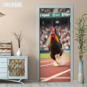 A set of  two MT Cartoon Rooster Track & Field Door Stickers | PVC Self-Adhesive Peel & Stick Decals | Waterproof Door Makeover Decor