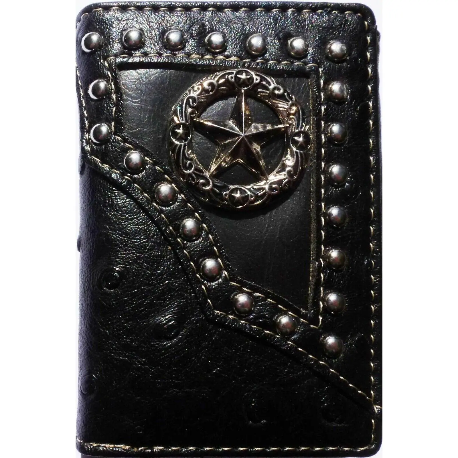 Men's Western Trifold Wallet Black Ostrich Leather with Star Design Premium Craftsmanship Bold Star Emblem