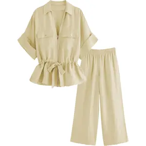 Arssm Women’s Linen Matching Set – Casual 2 Piece Outfit Short Sleeve Zip Up Top & Wide Leg Pants with Pockets, Loose Summer Vacation Travel Outfits
