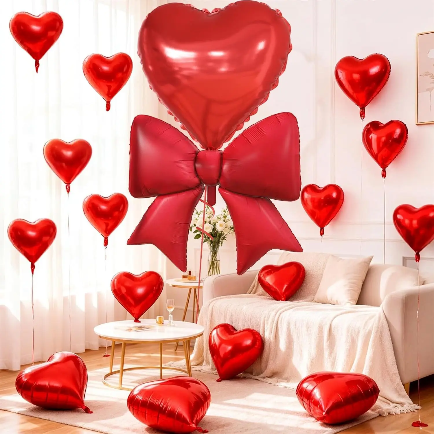 32 Inch Red Heart Balloons, Large Bow Foil Balloons,  38" Giant Matt Red Bow-knot Balloon with 18" Metallic Heart Shape Helium Balloon Set for Birthday Wedding Bachelorette Anniversary Valentine, Heart Shaped Balloons