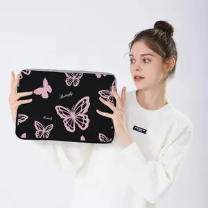 Elegant Women's 13-14-15 in Butterfly Print Laptop Bag - Black with Pink Silhouette Butterfly Design, Top Handle, Portable Sleeve, Protective Luggage Accessory