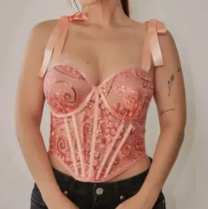 Elegant Pink Lace Corset with Sequin Embellishments and Adjustable Straps for Women