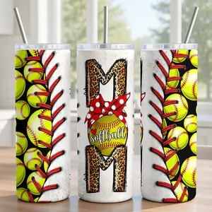 Softball Mom Tumbler 20oz - 18/8 Food-Grade Stainless Steel Insulated Cup with Lid, Metal Straw & Brush - Leopard Print M-M Design with Bow, Gameday Gear for Sports Mamas - Neon Yellow Softball Wrap - Ships in 2 Days