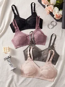 Women's Embroidered Lace Knitted Wide Strap Full Coverage Wireless Non Padded Bra Set, 4 Pack Soft Comfortable Bras for All Seasons, Perfect Fit Daily Wear Underwear