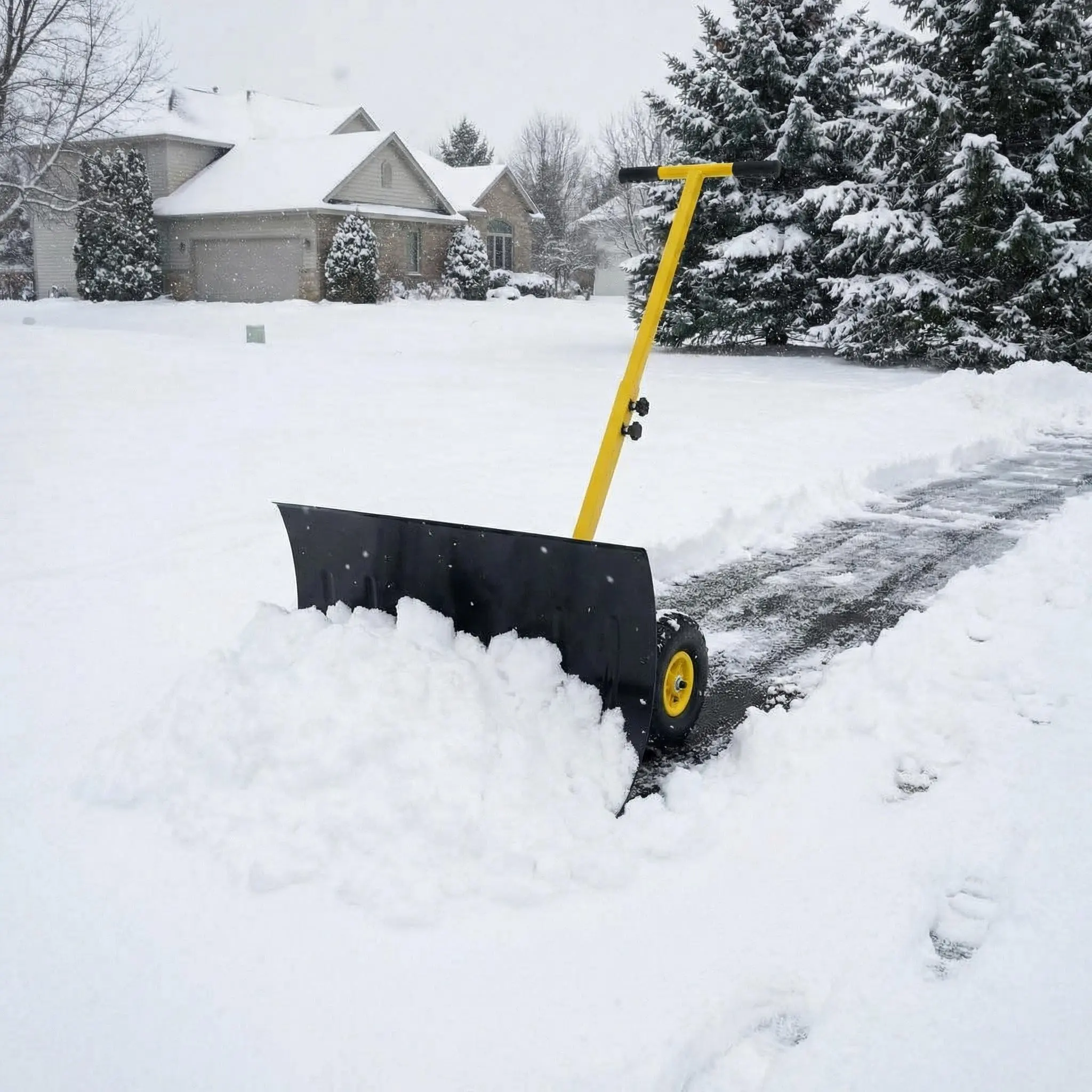 29 Inch Snow Shovel for Driveway with Wheels Heavy Duty Snow Pusher, Height and Angle Adjustable T-Handle Angled Powder Coated Steel Blade Ergonomic Back-Saver Removal Tool