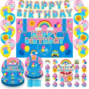 English Teacher Party Supplies, Girls Birthday Decoration Set with Cartoon Teacher Paper Plates, Banner, Balloons, Backdrop, Cupcake Toppers for Baby Shower