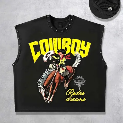 Cartoon Western Cowboy Retro Tank Top, Loose Unisex Vintage Riding Boy Graphic Shirt with Metal Rivet Trim, Trendy Sleeveless Menswear for Summer 2026, Tank Vest