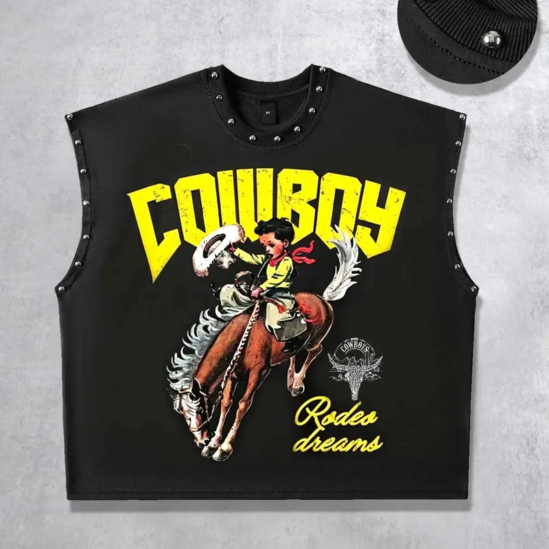 Cartoon Western Cowboy Retro Tank Top, Loose Unisex Vintage Riding Boy Graphic Shirt with Metal Rivet Trim, Trendy Sleeveless Menswear for Summer 2026, Tank Vest