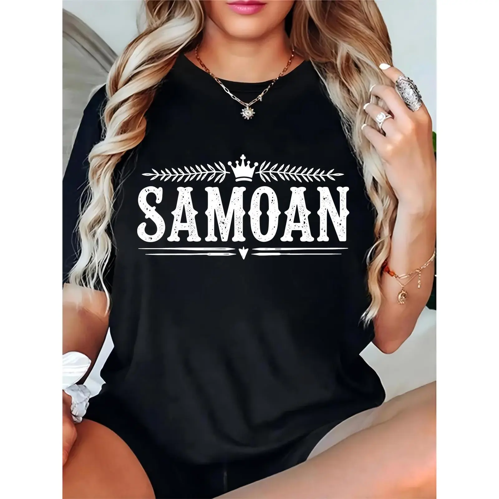 Women's Black SAMOAN T-Shirt with Crown & Leaf Details, Distressed Text – Samoan Pride Casual Top for Daily Wear, Festivals, Skirts, Day, Basic, Shortsleeve, Comfortable, Cotton