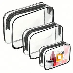 3-Piece Transparent Travel Toiletry Bags Set, PVC Makeup Organizer with Zipper Closure, Airport Compliant Cosmetic Storage Pouches, Transparent Vanity Bag
