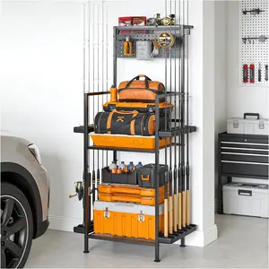Fishing Rod Holders for Garage with Pegboard & Metal Mesh Basket, Fishing Rod Storage Rack, Vertical Fishing Pole Holder for Up to 12 Poles, Tackle Gear Or