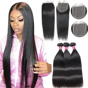 Long Straight Hair Bundles With Closure 3/4PCS Human Hair Bundles With Closure 4x4 Inch Free Part
