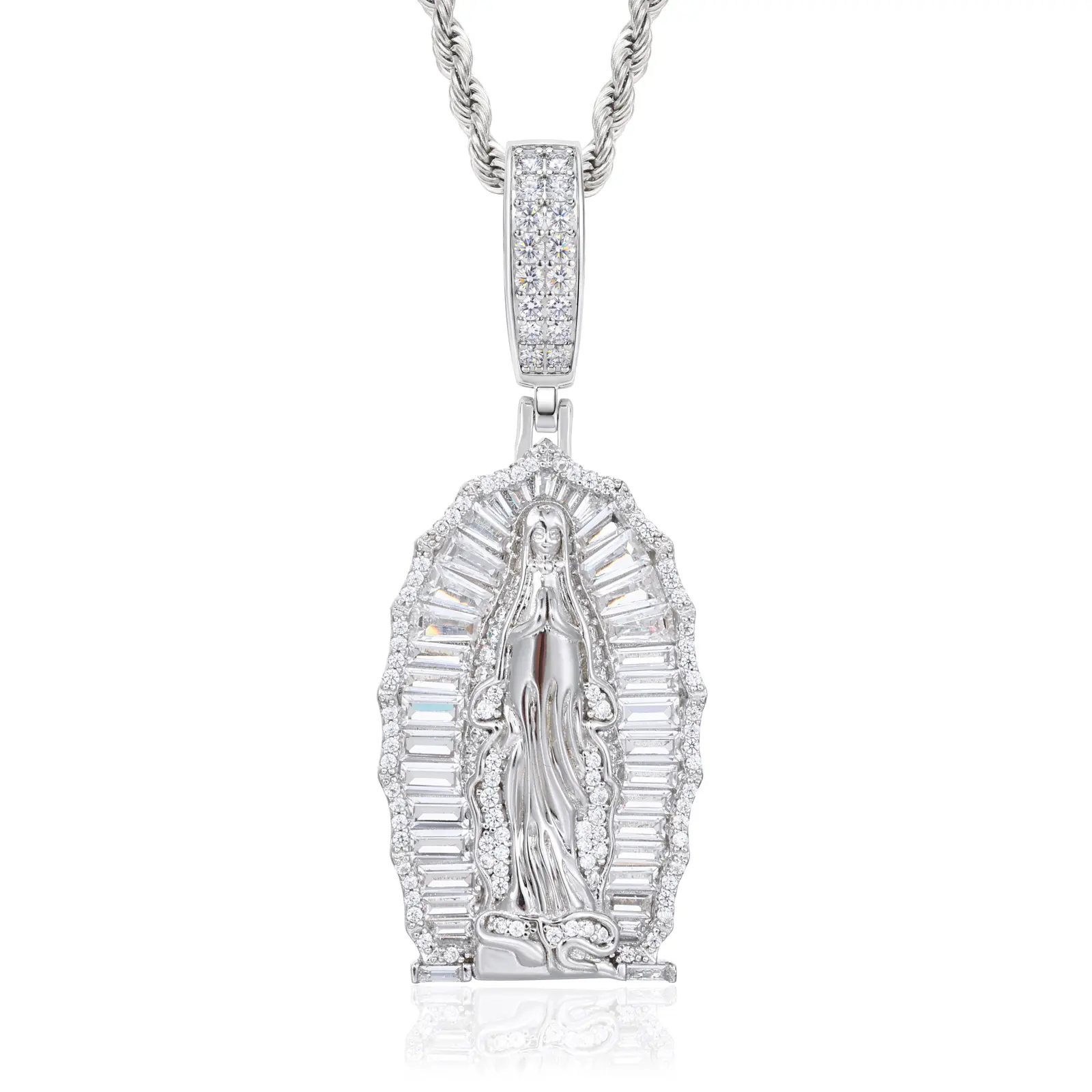 UCCIYO-Moissanite Our Lady of Guadalupe Pendant for Men, Iced Out Baguette Halo, 14K Gold Plated 925 Sterling Silver, Fits 10mm Cuban Chain, Pendant Only[# P1086]