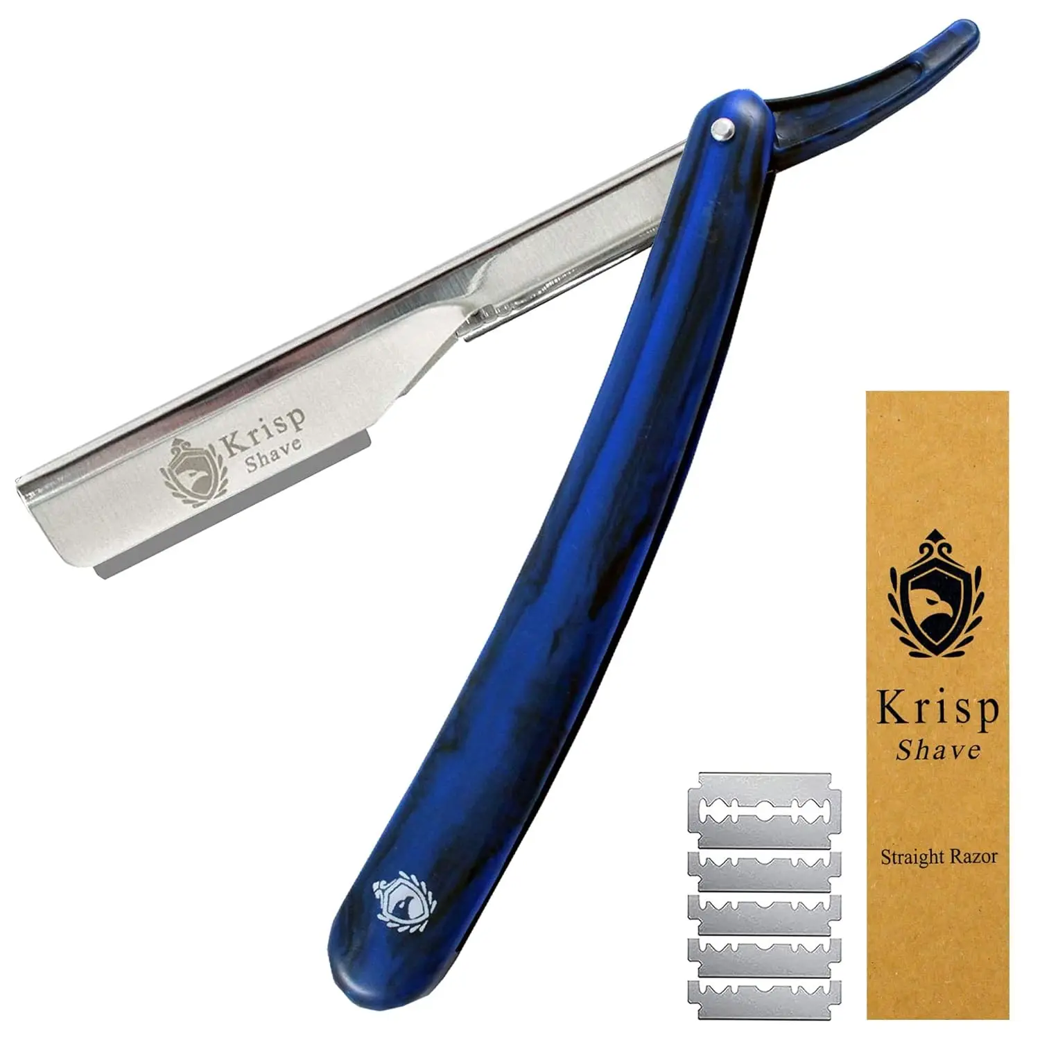 Men's Professional Straight Blade Razor Set - 2mm Exposed Safety Razor, Shaving Tool for Close Smooth Shave, Barber Shavette with 10 Blades (Blue Marble Design), Razors Set, Straight Blade Razors