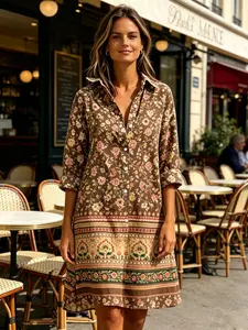 Vintage Floral Patchwork Shirt Dress, Loose-Fitting Collared Midi Dress, French Chic Casual Wear, All over Print, Unlined