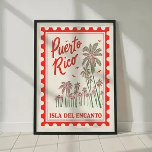 Puerto Rico Isla Del Encanto Poster Vintage Stamp Palm Tree Wall Art Boricua Decor