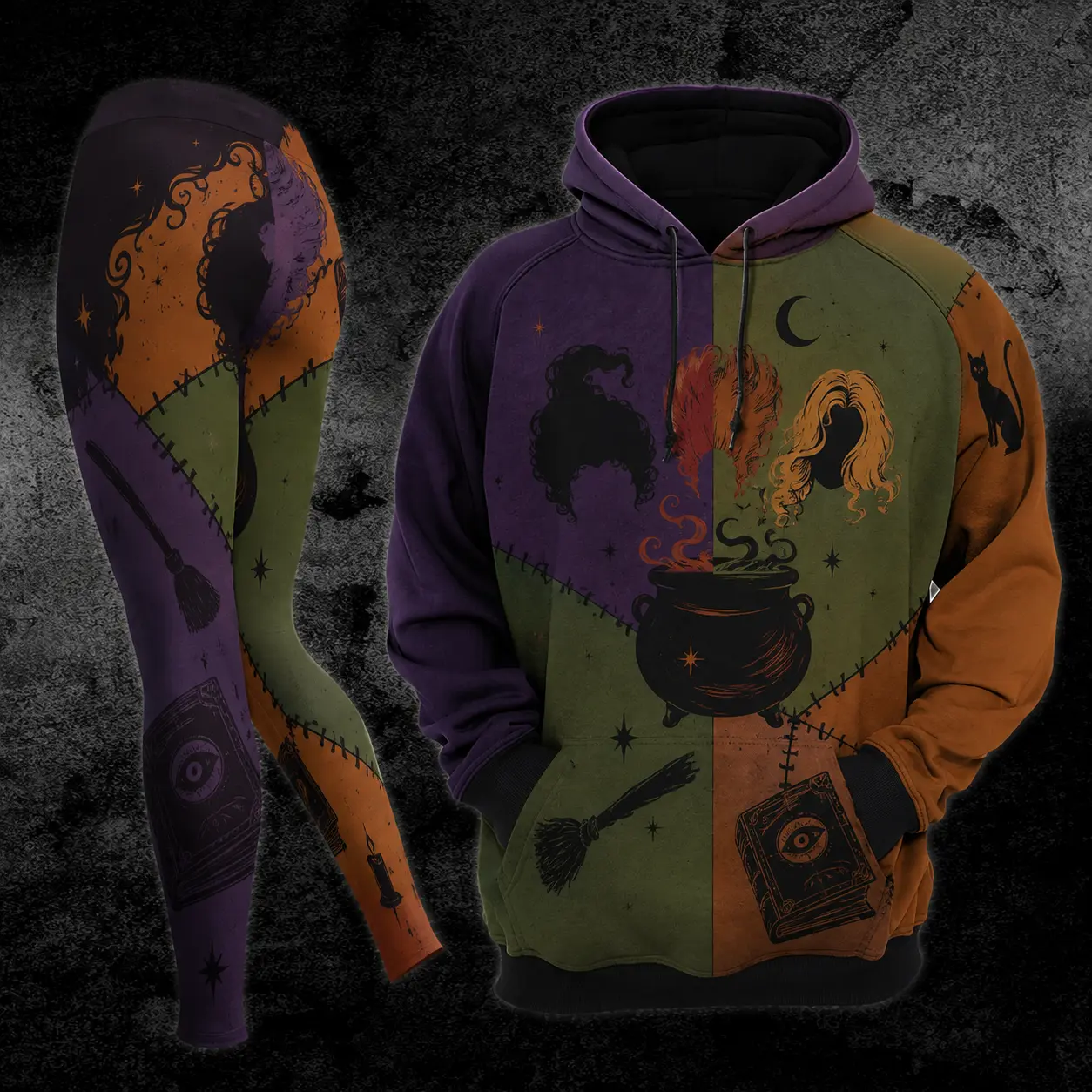 H0cus. P@cus Gothic Halloween Witch Sisters Hoodie and Leggings Set, Spooky Patchwork Witchy Matching Outfit, Dark Halloween Pullover Hoodie with Coordinating Printed Leggings, Women’s Cozy Festival Loungewear