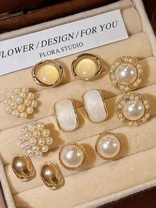 6 Pairs Vintage Pearl Stud Earrings Set for Women, Elegant Pearl Earrings, Minimalist Geometric Design, Perfect for Parties & Weddings