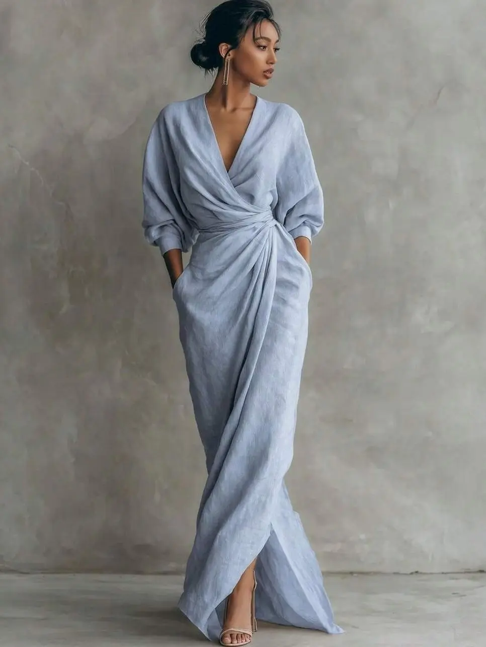 Elegant Linen Blend Wrap Maxi Dress for Women, V-Neck Batwing Sleeve Waist Tie Split Formal Evening Gown for Party & Vacation Wear