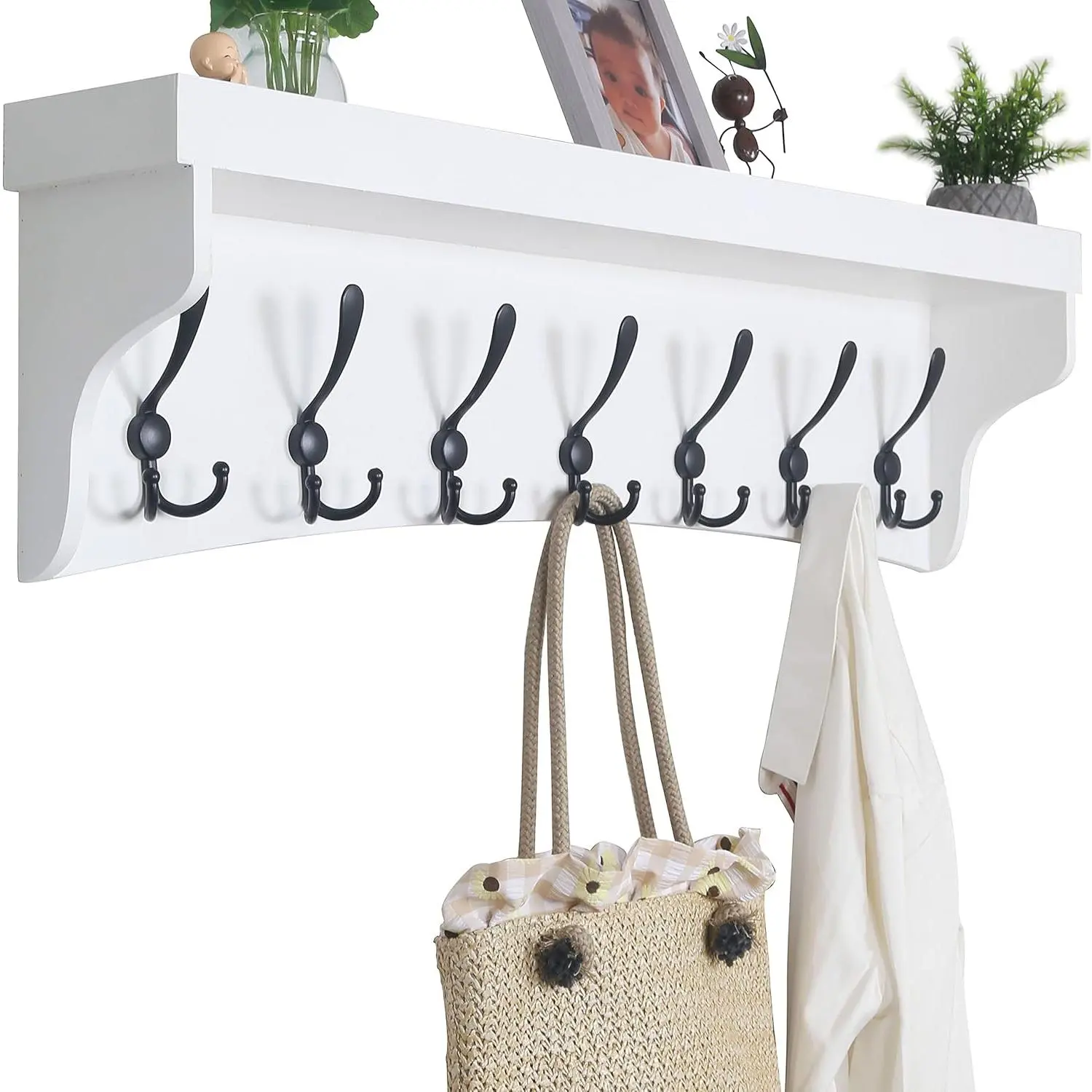 Coat Rack Wall Mount with Shelf,35" Long White Shelf with Hooks Underneath,Wall Mounted Coat Rack with Shelf,Key Rack for Wall,7 Triple Hooks for Hanging Coats,Bathroom,Entryway