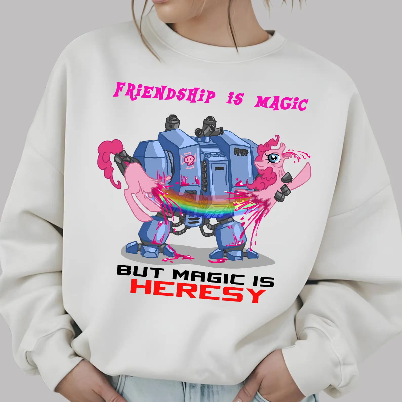 My Little P0ny x Warhammer 40K Graphic Shirt, Friendship is Magic Parody Shirt, Funny Crossover Tee, P1nk1e P1e Meme Sweatshirt Hoodie