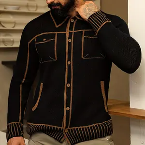 Men'S Textured Knit Cardigan Shirt Jacket Spring And Autumn Retro Button Sweater