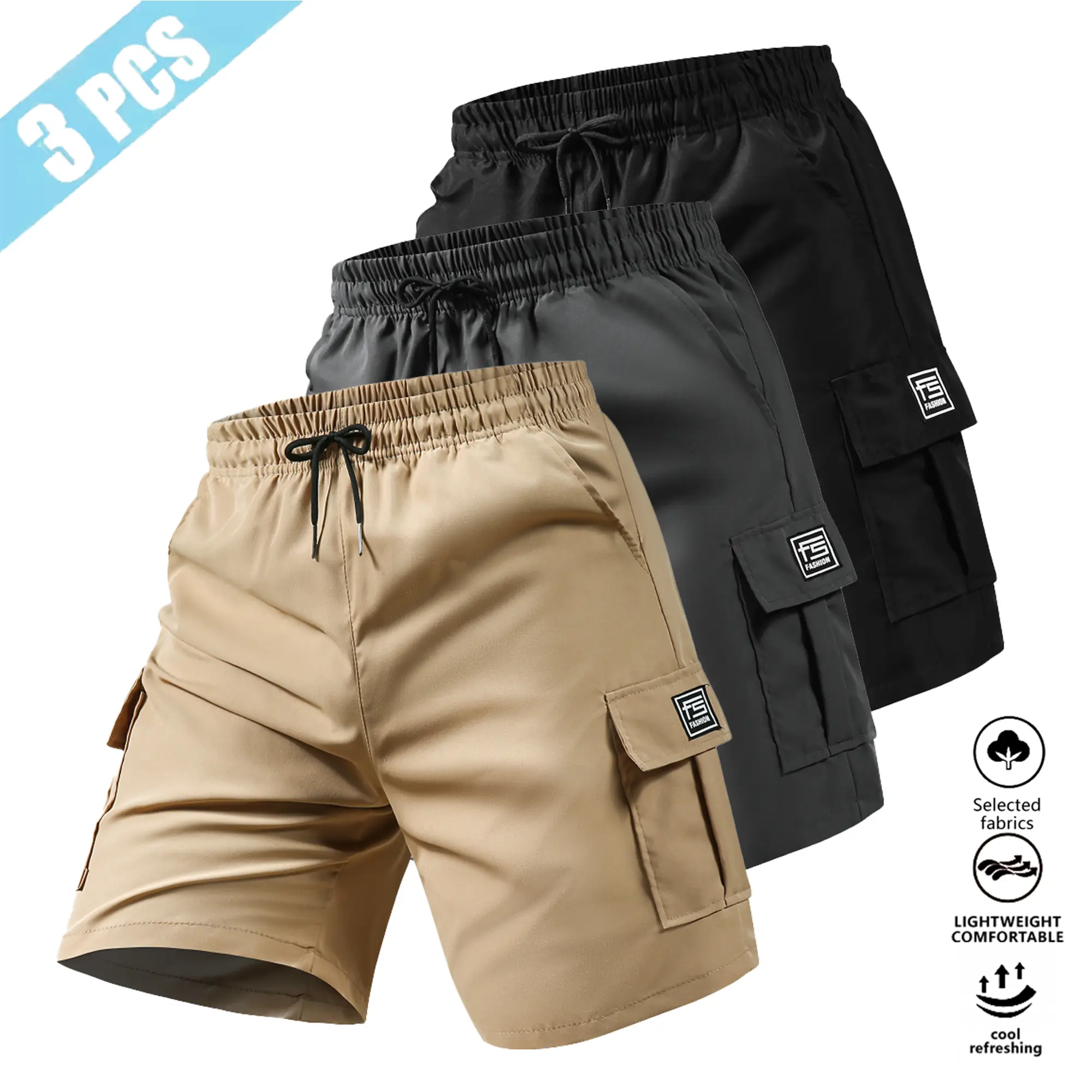 3-Pack Men’s Solid Color Cargo Shorts for Summer — Lightweight shorts with flap pockets, stylish design, and 3D pockets for outdoor casual wear