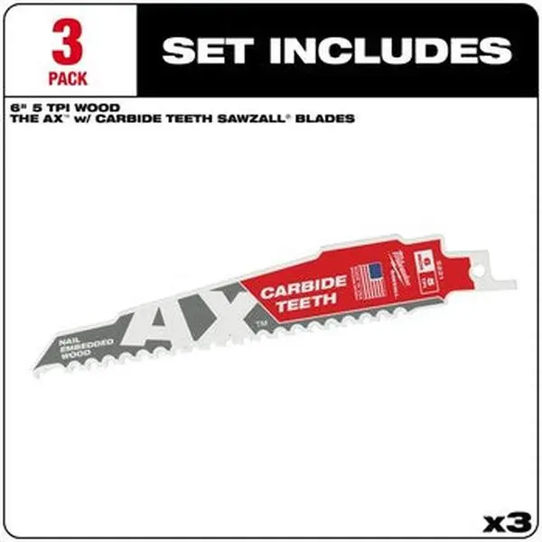 Milwaukee 48-00-5321 3-Piece THE AX Saws with Carbide Teeth, 5T 6L, Heavy Duty, 50x Life Over Standard Blades, Cuts Through Wide Materials, Extreme Blade Life