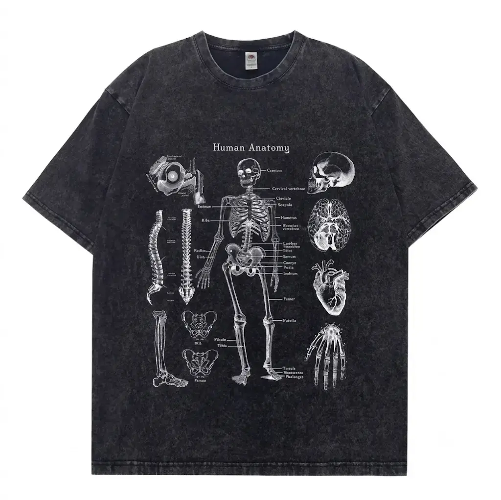 Men's Retro Cotton Short-Sleeve Loose Round Neck Graphic T-Shirt - Vintage Wash, Detailed Human Anatomy Diagram, Distressed Skeletal-Organ-Skull Chart