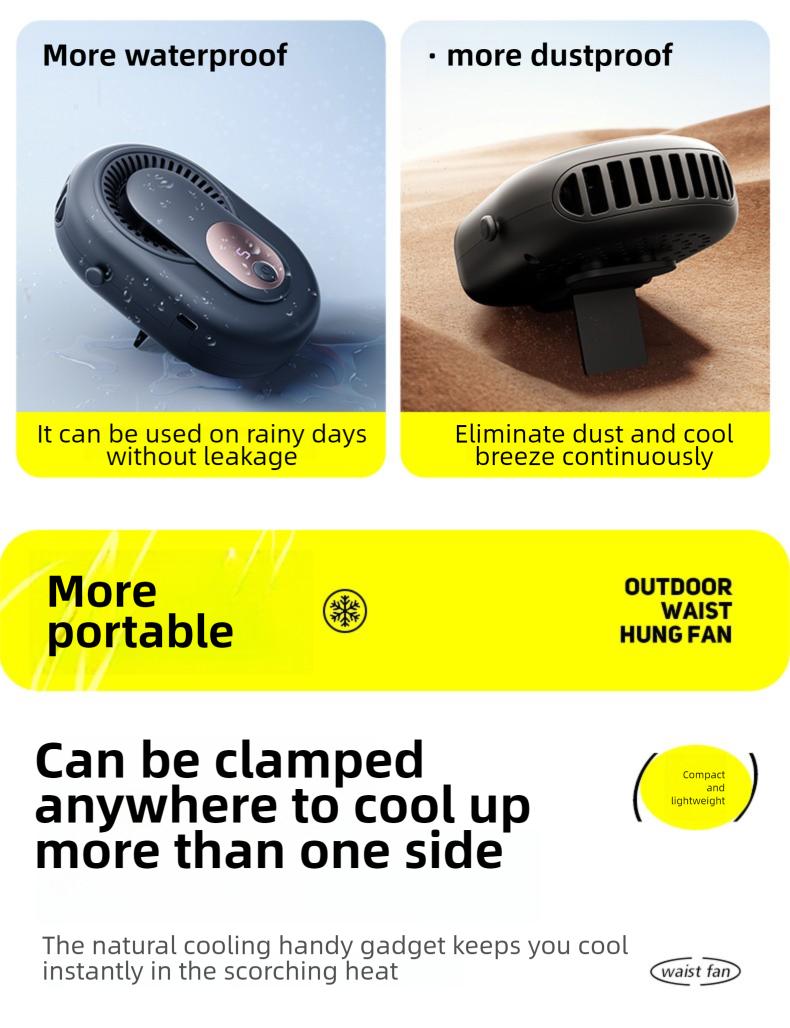 HOOYS Portable Leafless Fan, 5 Speed Mini Waist Fan, USB Rechargeable, Quiet Cooling for Travel, Outdoor & Commute, Phone Cooler