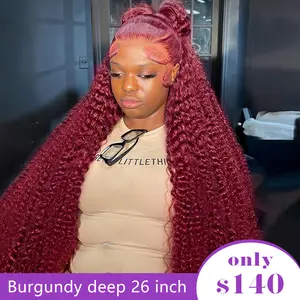 【26‘’ Burgundy Deep=$140】Tahikie 99J Burgundy Colored 200% Density Deep Wave 13x6 Full Frontal HD Lace Front Curly Wave FB30 Highlight /Natural Black Human Hair Wigs For Women TikTokShopBlackFriday