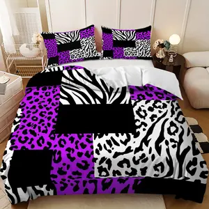 Bedding Set - 3pcs Purple, Black, White, Leopard and Zebra Print Patchwork Down Comforter Set (1 comforter cover + 2 pillowcases, filling not included) A gift for family and friends, soft and comfortable, suitable for family bedrooms and guest rooms.