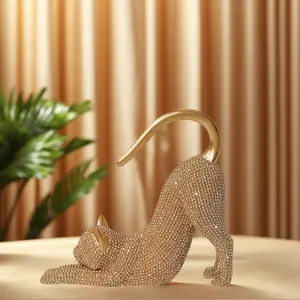 Resin Cat Statue Home Decor, Lazy Cat Stretch Sculpture with Sparkling Crystal Desk Ornament, Creative Gift for Cat Lovers