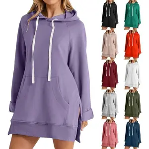 Warm super large hooded sweatshirt, women's casual super large hooded skirt pullover long sports shirt with open pocketRAIMENTRY
