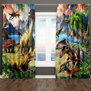 Two-Piece Dinosaur Curtain Set, Jurassic Animal Print Semi-Transparent Fabric, Full Season Decorative Curtains with T-Rex & Pterodactyl