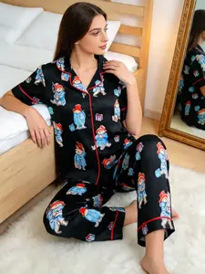 Three-Piece Bear Cartoon Print Pajama Set for Women, Open Front Short Sleeve Long Pants, Casual Home Wear, Loungewear