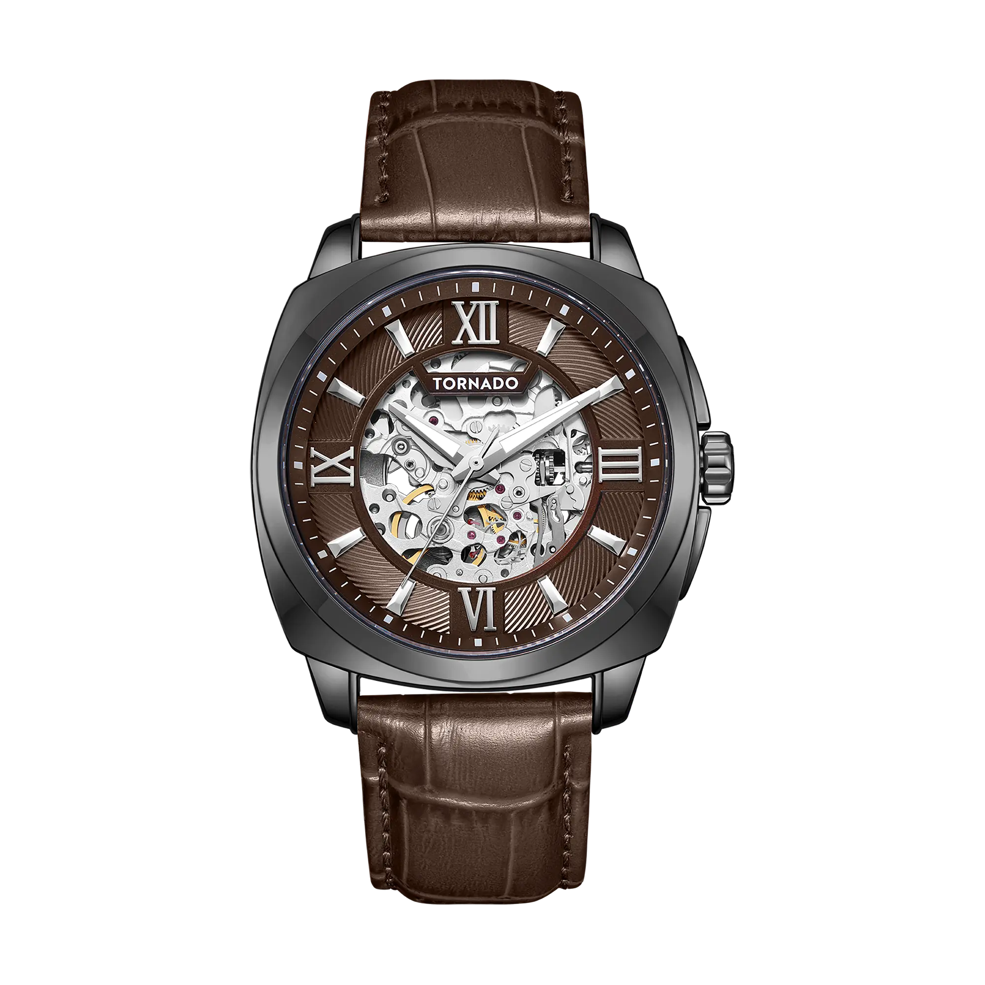 Autonova Men's Mechanical Leather Strap Watch - Skeleton Dial, Suitable for Casual Wear