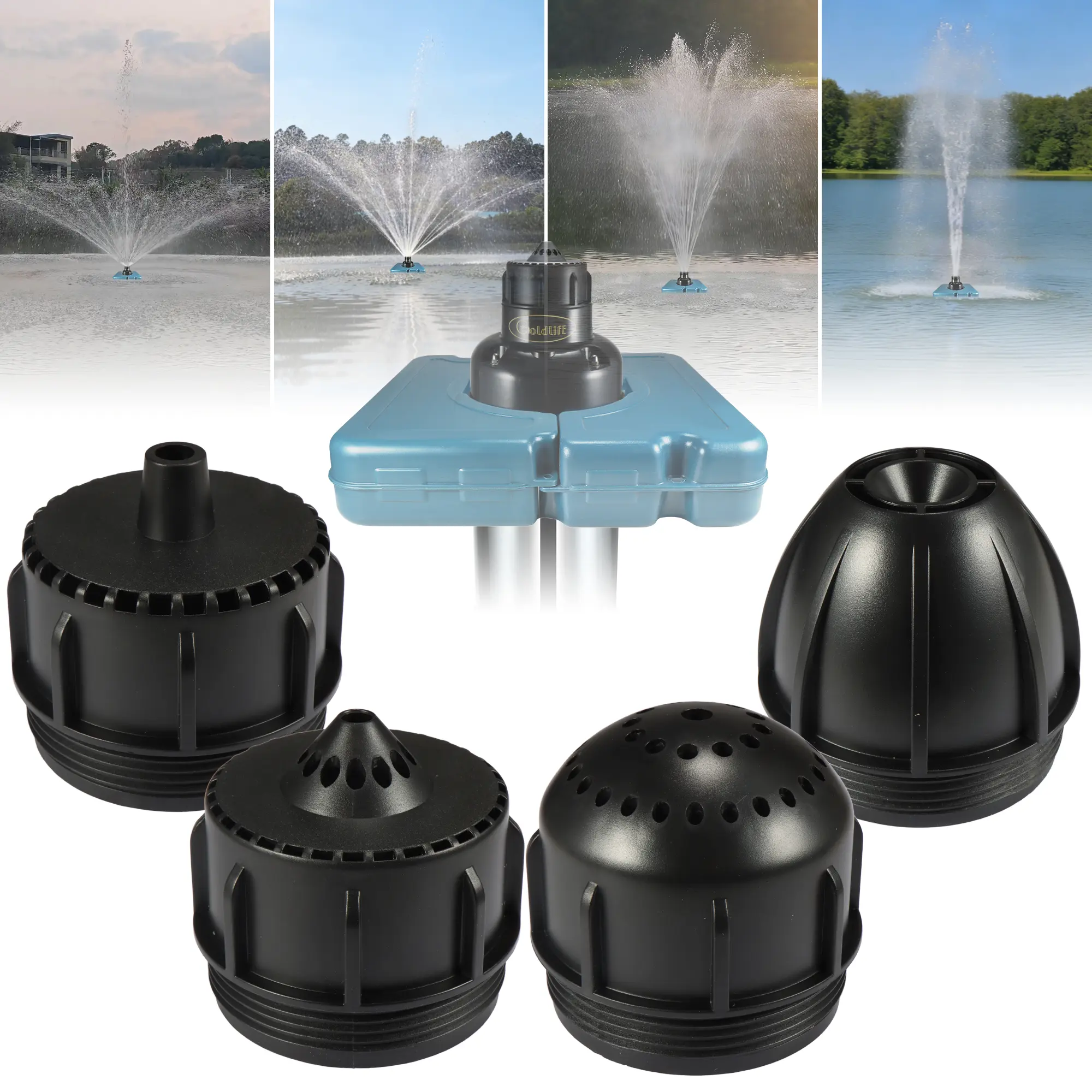 Goldlife Pond Fountain Nozzle N3, Without Pump, 4-in-1 Kit, Unique Multi-Pattern Water Flow Modes, Replacement Spray Heads for Outdoor Small Large Pond Lake Garden Jet Fountain Pump System