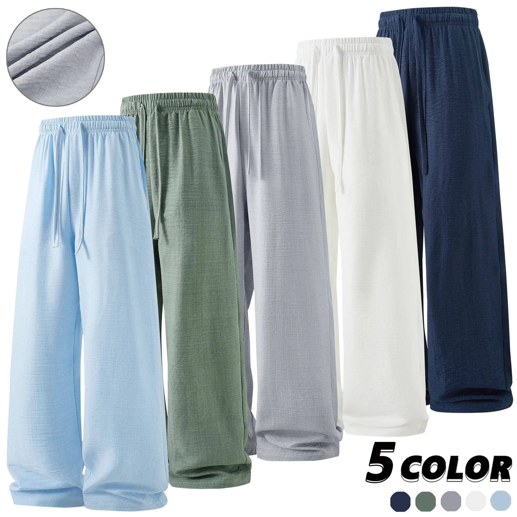 EKF men’s soft, breathable loose casual pants with an elastic waistband and adjustable drawstring—perfect for beach strolls and relaxed home wear; ideal for summer.