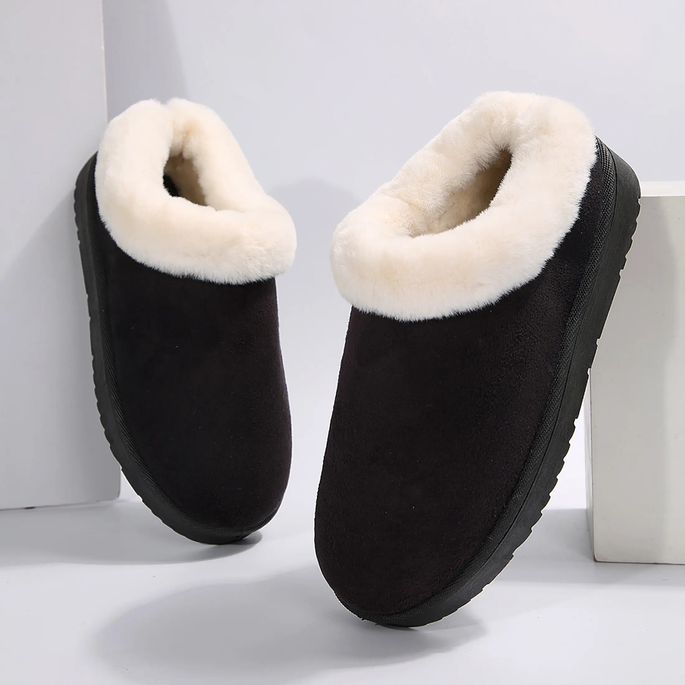 Plush Collar Pink Slippers for Women Cozy Plush Lining Shoes Non-Slip Sole Snow Boots Fashionable Indoor Outdoor Flats for Cold Days