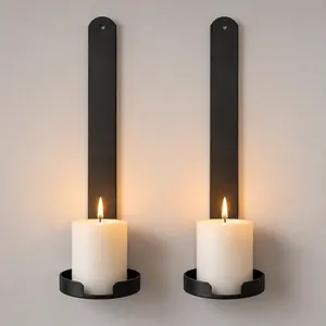 Miganest Set of 2 12.5in Black Metal Wall Candle Sconces - Rustic Farmhouse Wrought Iron Pillar/Tea Light Holders, Living Room Interior Decoration Accessories, Gothic Housewarming Gift