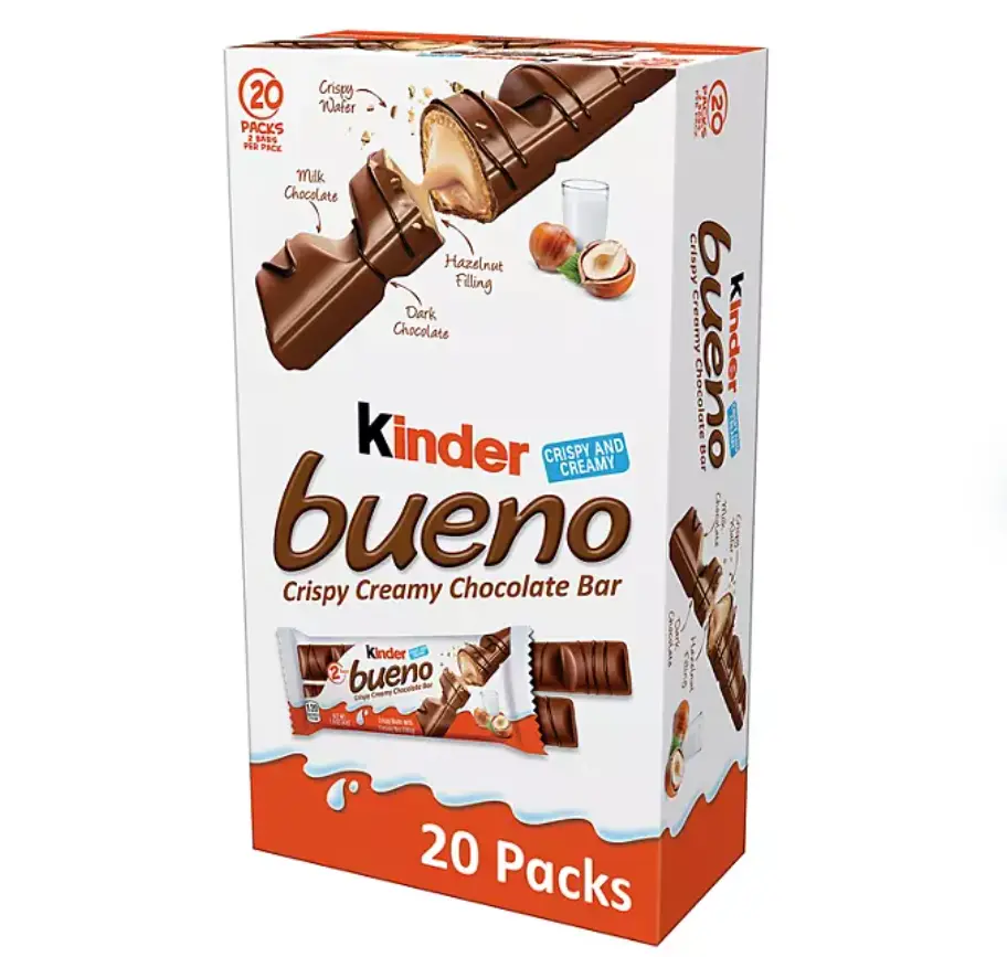 Kinder Bueno Milk Chocolate Hazelnut Bars 1.5 oz 20 pk Smooth Milk Chocolate Crispy Wafer Creamy Hazelnut Filling Snack